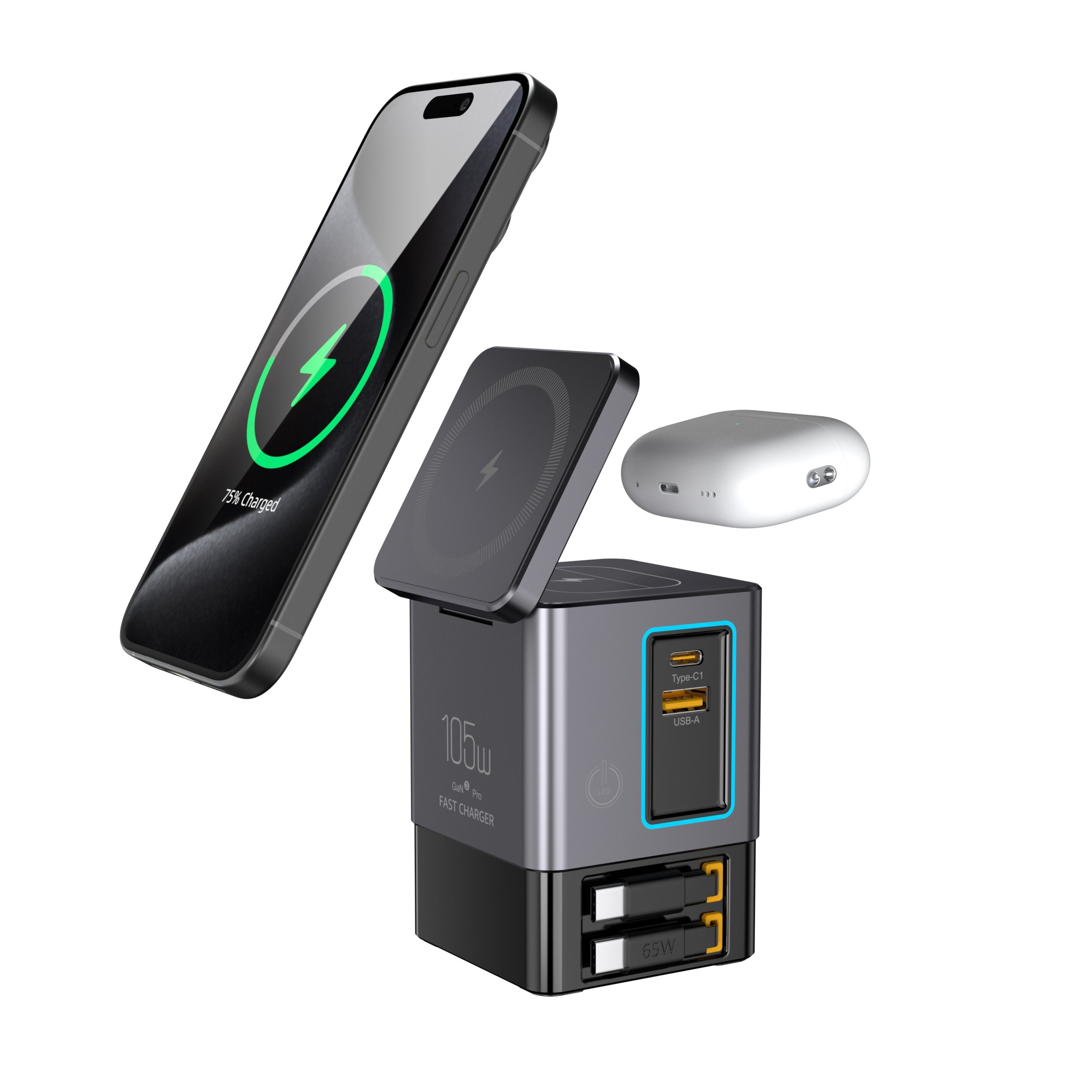 Multi-Functional Charger with Qi Wireless Charging & Retractable Cable - Efficient Power Solution for All Your Devices - Image 2